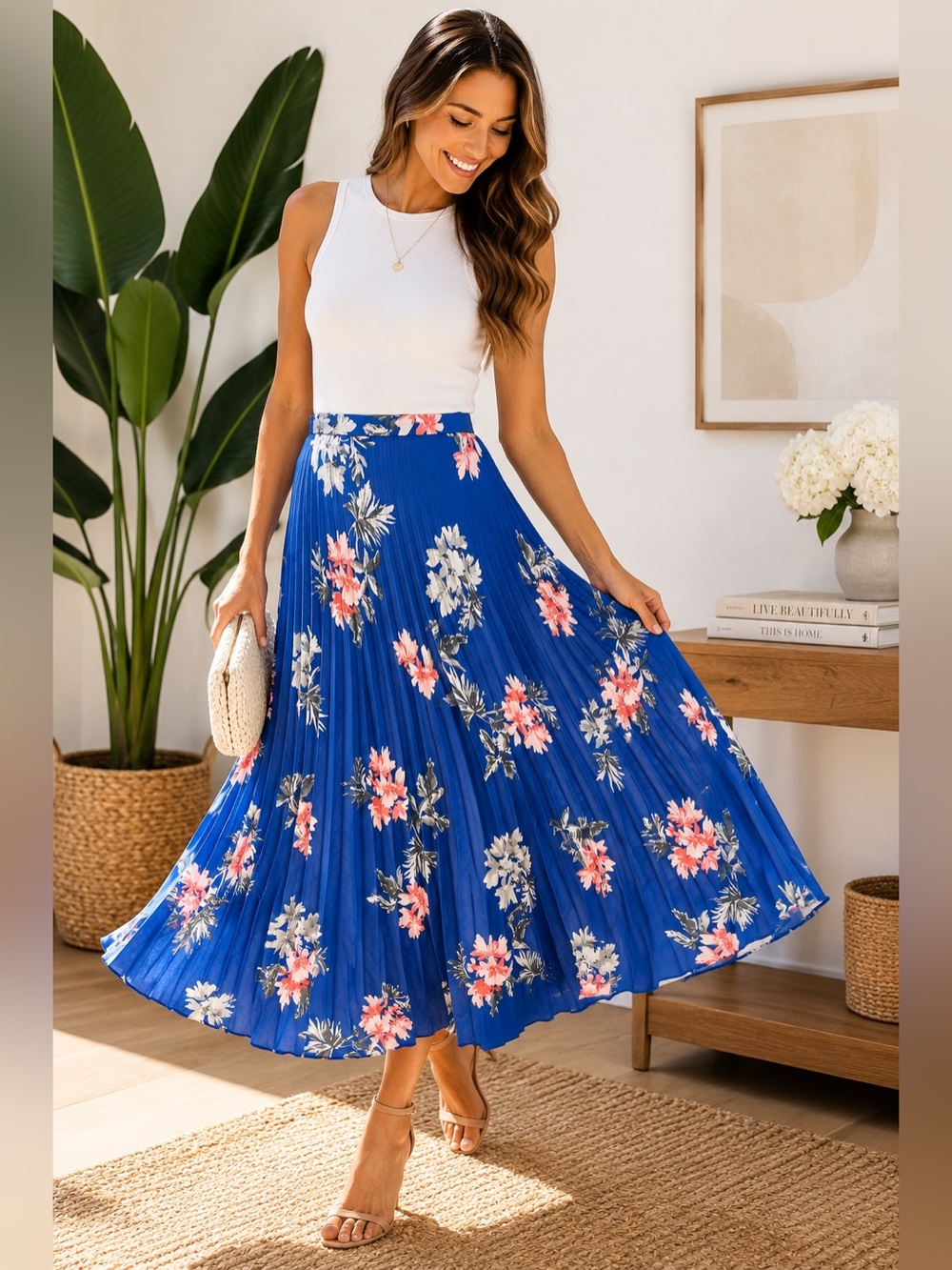 Banana Republic Floral Accordion Pleated Maxi Midi Skirt Blue Pink Size 6